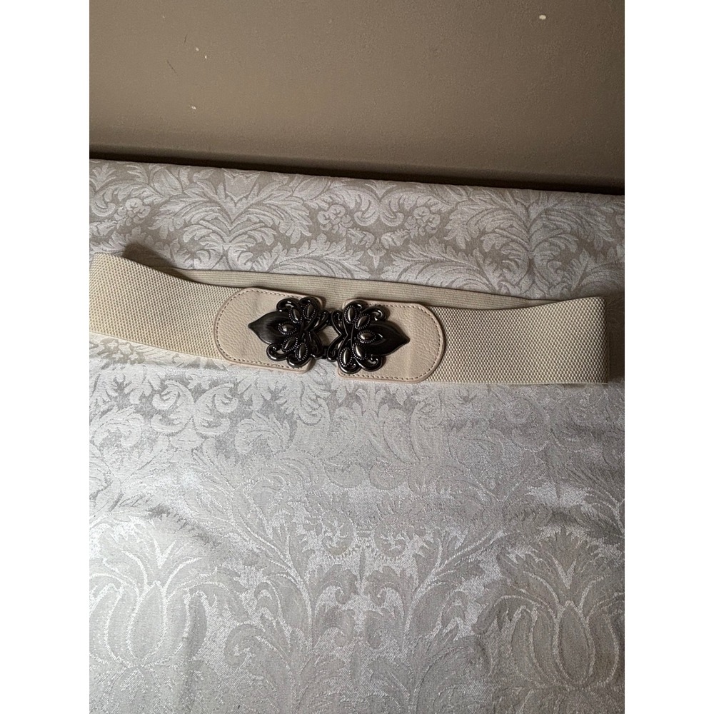 Vintage Cream Elastic Cinch Belt with Ornate Gunmetal Filigree Buckle Wide Waist